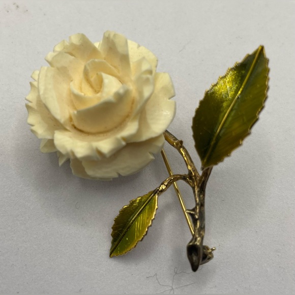 Vintage Signed Beau Sterling Carved Celluloid Rose Brooch Pin 1940s - Picture 7 of 8